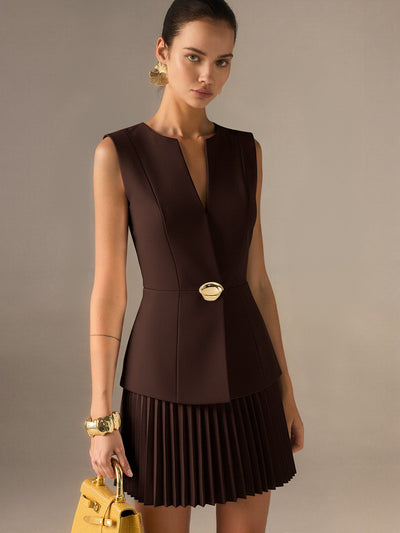 Sleeveless Metal Detail Pleated Mini Dress