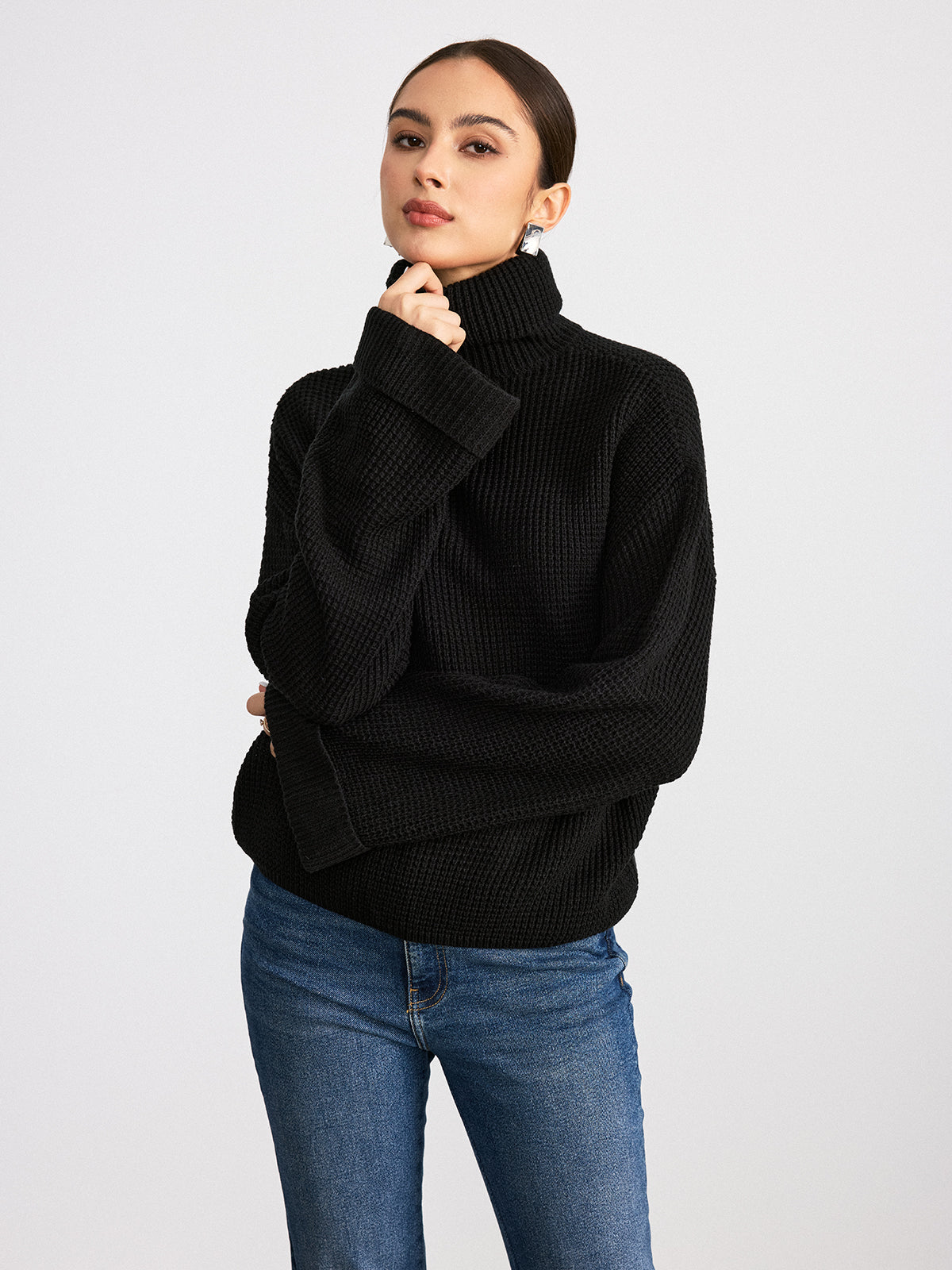 Turtleneck Waffle-Knit Long Sleeve Sweater