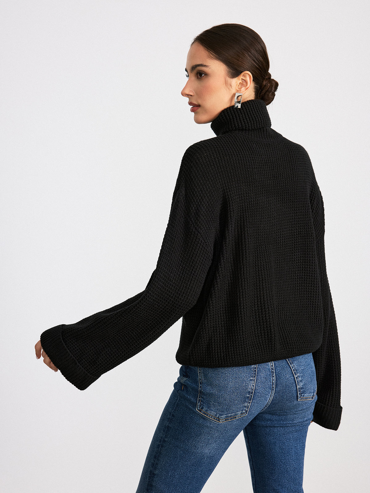 Turtleneck Waffle-Knit Long Sleeve Sweater
